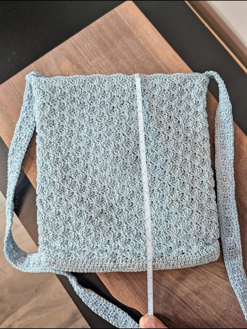 Light Blue Crochet Crossbody Bag with Decorative Brooche